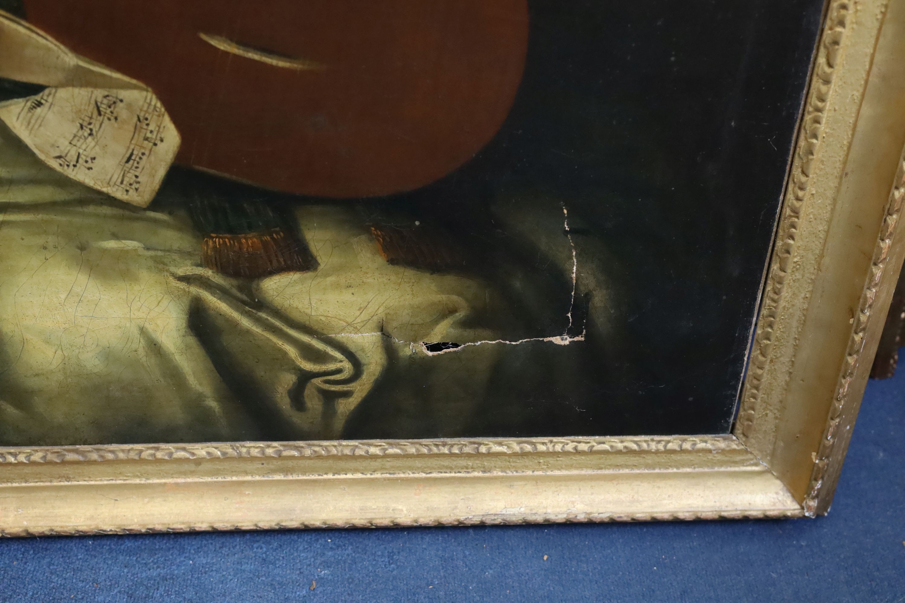 English School c.1770 , Three quarter length portraits of Mr and Mrs Peel, he seated at a table with a globe, she in a landscape holding citern, pair of oils on canvas, 125 x 100cm